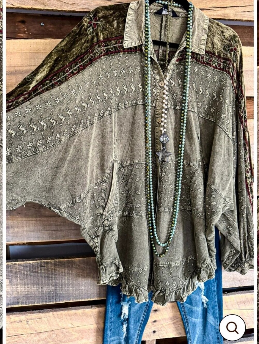 Young Threads Poet Blouse Top Embroidered Floral Velvet Size Xl Olive Bohemian - Picture 2 of 16